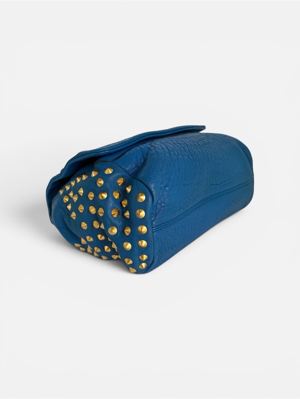 MCM Blue Pebbled Leather Studded Satchel Crossbody Bag Gold Hardware - Picture 6 of 13